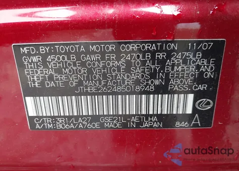 2008 Lexus Is 350 from USA, damaged, VIN JTHBE262485018948